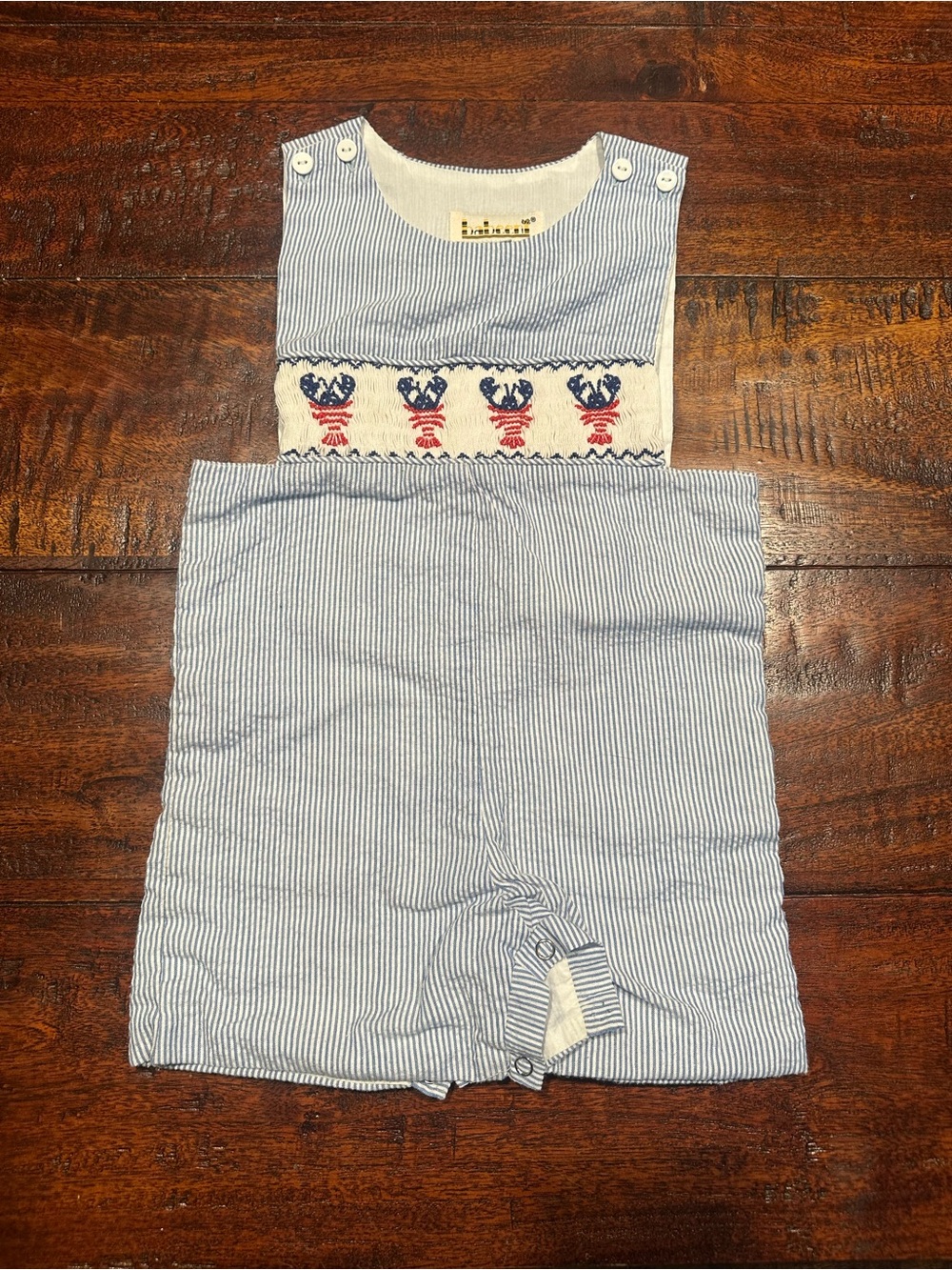 Smocked Blue Pinstripe Kids Short Romper with Lobster Motif